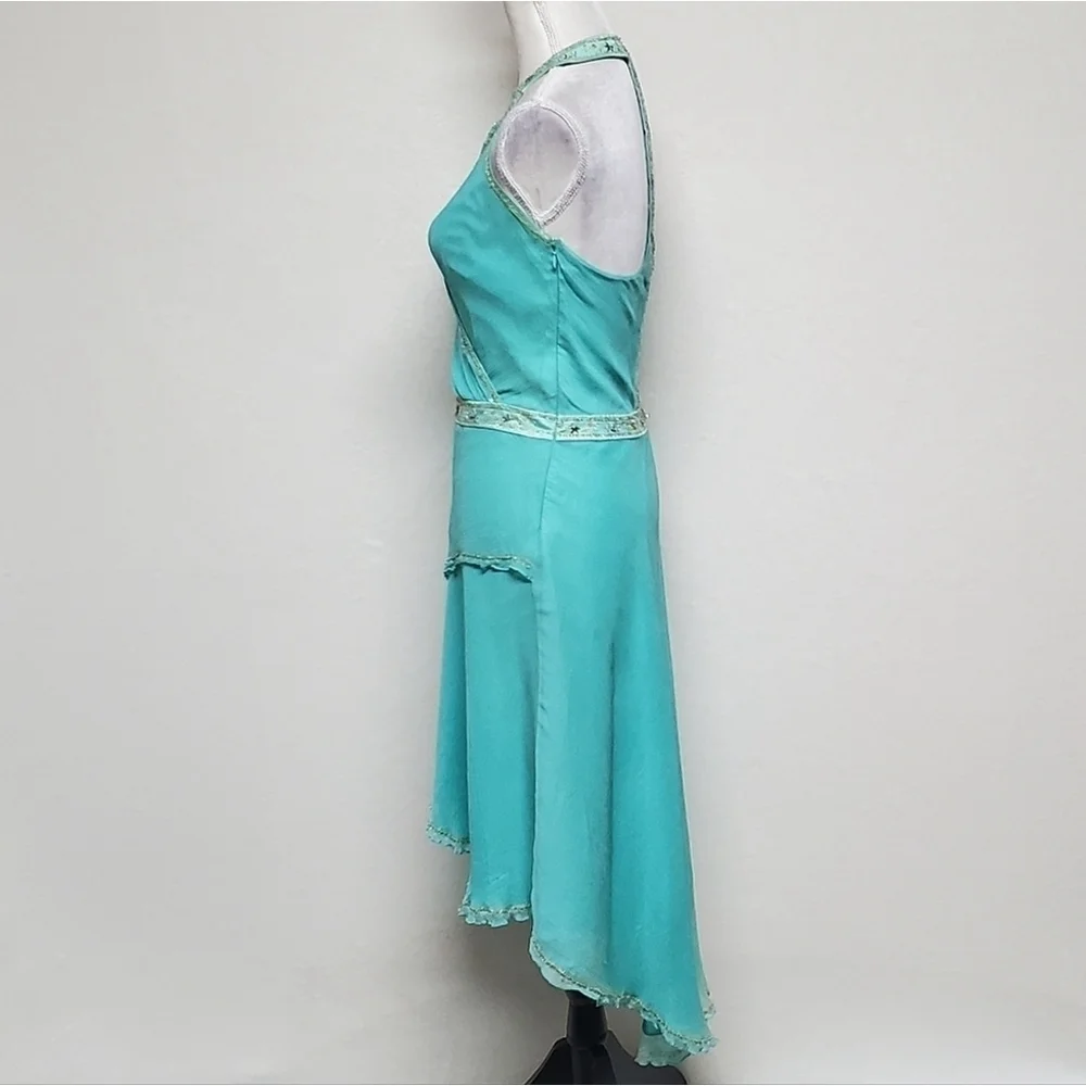 Vintage 90s Laundry by Shelli Segal Aqua Silk Chiffon Sequin T-Back Hi-low Dress - Picture 9 of 16